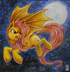 Size: 1000x1032 | Tagged: safe, artist:neonpossum, fluttershy, g4, female, flutterbat, moon, night, solo, traditional art, watermark