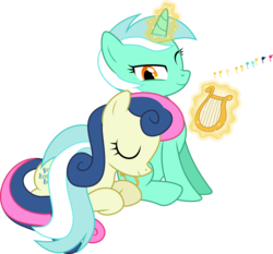 Size: 3214x3000 | Tagged: safe, artist:ruinedomega, bon bon, lyra heartstrings, sweetie drops, earth pony, pony, unicorn, g4, female, high res, lesbian, lying down, lyre, magic, mare, music, music notes, ship:lyrabon, shipping, simple background, sleeping, transparent background