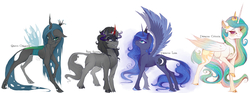 Size: 3000x1119 | Tagged: safe, artist:evehly, king sombra, princess celestia, princess luna, queen chrysalis, alicorn, changeling, changeling queen, classical unicorn, pony, g4, eyeshadow, female, group, horn, leonine tail, looking up, makeup, male, mare, quartet, raised hoof, royal sisters, spread wings, stallion, unshorn fetlocks