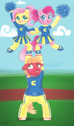 Size: 707x1200 | Tagged: safe, artist:mcponyponypony, big macintosh, fluttershy, pinkie pie, earth pony, pony, g4, bipedal, blushing, cheerleader, cheerleader outfit, cheerleader pinkie, cheerleading, clothes, crotch bulge, female, male, school, school uniform, ship:fluttermac, shipping, straight, uniform