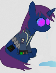 Size: 418x548 | Tagged: safe, artist:dr-phoen-x, edit, oc, oc only, oc:littlepip, pony, unicorn, fallout equestria, clothes, drool, fanfic, fanfic art, female, jumpsuit, mare, parasite, pipbuck, possessed, simple background, solo, vault suit