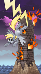 Size: 300x540 | Tagged: safe, artist:bartolomeus_, derpy hooves, pegasus, pony, g4, castle, female, fire, lightning, mare, solo, tarot card, the tower