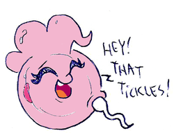 Size: 407x312 | Tagged: safe, artist:toongrowner, pinkie pie, g4, an egg being attacked by sperm, colored, egg cell, eyes closed, implied sex, impregnation, open mouth, personified egg cell, smiling, spermatozoon, tickling, wat
