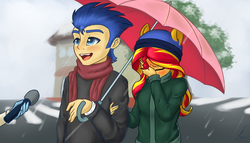 Size: 2100x1200 | Tagged: safe, artist:funnyfany, flash sentry, sunset shimmer, human, equestria girls, g4, blizzard, blushing, clothes, covering, cute, exploitable meme, facepalm, female, male, meme, pony ears, scarf, ship:flashimmer, shipping, snow, snowfall, special feeling, straight, sweater, umbrella