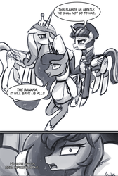 Size: 774x1151 | Tagged: safe, artist:lumineko, princess cadance, princess luna, twilight sparkle, alicorn, pony, g4, ask, banana suit, clothes, costume, dream, dreamluna, female, i can't believe it's not johnjoseco, infidelity, lesbian, lundance, mare, monochrome, ship:twiluna, shipping, tumblr, twilight sparkle (alicorn)