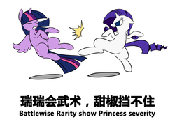 Size: 706x504 | Tagged: safe, artist:congee-painting, rarity, twilight sparkle, alicorn, pony, g4, chinese, chinglish, engrish, female, kung fu, mare, martial artist rarity, twilight sparkle (alicorn)