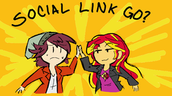 Size: 1344x745 | Tagged: safe, artist:nayaasebeleguii, normal norman, sunset shimmer, equestria girls, g4, background human, colored, duo, hiimdaisy, hilarious in hindsight, persona, persona 4, social link, sweat