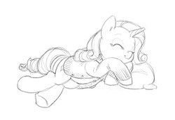 Size: 813x560 | Tagged: safe, artist:carnifex, rarity, g4, belly, cardigan, clothes, cute, eyes closed, female, monochrome, on side, pillow, sleeping, smiling, solo