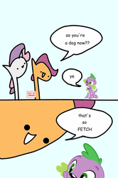 Size: 600x904 | Tagged: safe, artist:wollap, scootaloo, spike, sweetie belle, dog, g4, mean girls, out of order, pun, spike the dog