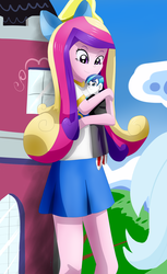 Size: 1000x1632 | Tagged: safe, artist:riadorana, princess cadance, shining armor, equestria girls, g4, canterlot high, clothes, equestria girls-ified, giantess, hug, macro, size difference, skirt