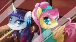 Size: 1200x660 | Tagged: safe, artist:loyaldis, fluttershy, rarity, g4, alternate hairstyle, clothes, earring, heart eyes, wingding eyes