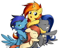 Size: 1134x925 | Tagged: safe, artist:secret-pony, oc, oc only, oc:bernd, oc:bright ember, oc:caramel curve, oc:electroshock, oc:sunshine smiles, earth pony, pegasus, pony, unicorn, cutie art crusaders, female, hug, male, mare, stallion