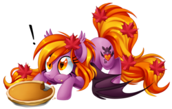 Size: 3136x2000 | Tagged: safe, artist:centchi, oc, oc only, oc:pumpkin spice, bat pony, pony, autumn, bat pony oc, caught, cute, ear tufts, eating, exclamation point, face down ass up, female, food, frown, herbivore, high res, leaf, leaves, looking up, maple leaf, mare, nom, ocbetes, pie, puffy cheeks, pumpkin pie, simple background, solo, spread wings, transparent background, wide eyes