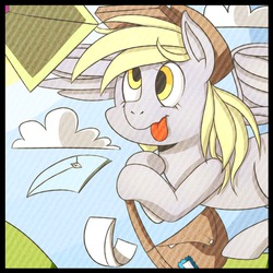 Size: 1280x1280 | Tagged: safe, artist:derfquestria, derpy hooves, pegasus, pony, g4, bag, cloud, cloudy, female, hat, letter, mail, mailbag, mare, solo, tongue out