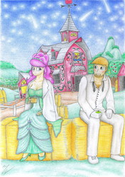 Size: 2458x3499 | Tagged: safe, artist:sinaherib, big macintosh, fluttershy, human, g4, barn, female, high res, humanized, male, ship:fluttermac, shipping, straight, traditional art