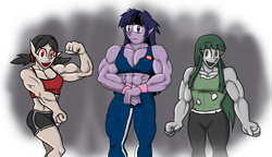 Size: 1736x1000 | Tagged: safe, artist:advanceddefense, twilight sparkle, oc, ghost, hengstwolf, human, vampire, g4, clothes, flexing, humanized, midriff, muscles, sports bra, twilight muscle, wardrobe malfunction, werelight shine, workout outfit