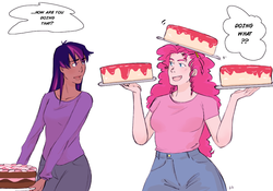 Size: 1024x716 | Tagged: safe, artist:demdoodles, pinkie pie, twilight sparkle, human, g4, balancing, breasts, busty pinkie pie, cake, dark skin, dialogue, female, food, how, humanized, wide hips