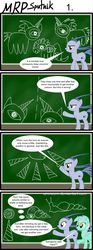 Size: 800x2153 | Tagged: safe, artist:umneem, lyra heartstrings, oc, oc:sputnik, cyclops, earth pony, pony, unicorn, g4, chalk drawing, chalkboard, comic, horn, mrp:sputnik, tutorial