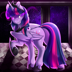 Size: 1024x1024 | Tagged: safe, artist:duskyamore, twilight sparkle, alicorn, pony, g4, boots, butt, corrupted, female, jewelry, looking back, mare, peytral, plot, shoes, solo, sombra eyes, tiara, twilight sparkle (alicorn)