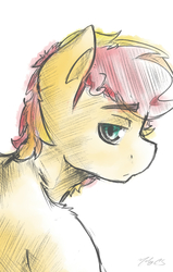 Size: 720x1133 | Tagged: safe, artist:nolycs, sunset shimmer, unicorn, anthro, g4, bedroom eyes, frown, male, rule 63, sad, solo, sunset glare, traditional art