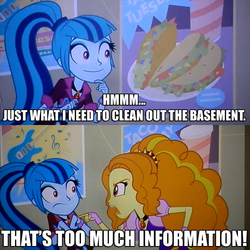 Size: 1000x1000 | Tagged: safe, adagio dazzle, sonata dusk, equestria girls, g4, my little pony equestria girls: rainbow rocks, caption, poop joke, screencap comic, sonataco, taco, taco tuesday, that girl sure loves tacos, that siren sure does love tacos, toilet humor, too much information