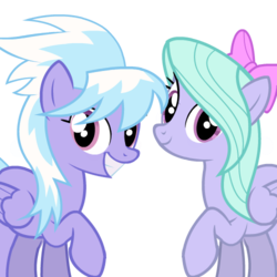 Size: 500x500 | Tagged: safe, artist:mytatsur, cloudchaser, flitter, pegasus, pony, g4, bow, duo, folded wings, hair bow, looking at you, raised hoof, side view, simple background, smiling, smiling at you, transparent background, wings