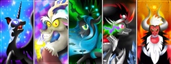 Size: 1459x547 | Tagged: safe, artist:flamevulture17, discord, king sombra, lord tirek, nightmare moon, queen chrysalis, alicorn, centaur, changeling, changeling queen, draconequus, taur, g4, antagonist, wallpaper