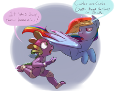 Size: 1280x960 | Tagged: safe, artist:imsokyo, rainbow dash, spike, dragon, pegasus, pony, daily life of spike, g4, alternate universe, athletic tape, dialogue, exercise, female, mare, tumblr