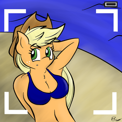 Size: 1024x1024 | Tagged: safe, artist:megajack, applejack, earth pony, anthro, g4, arm behind head, armpits, beach, bikini, breasts, busty applejack, camera shot, clothes, female, solo, swimsuit