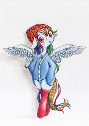 Size: 1191x1684 | Tagged: safe, artist:unousaya, rainbow dash, pony, g4, bipedal, bottomless, clothes, featureless crotch, floppy ears, pixiv, traditional art