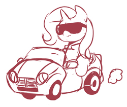 Size: 850x719 | Tagged: safe, artist:ende26, trixie, pony, unicorn, g4, car, female, mare, monochrome, sketch, solo, sunglasses