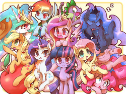 Size: 1000x749 | Tagged: safe, artist:kolshica, applejack, fluttershy, pinkie pie, princess cadance, princess celestia, princess luna, rainbow dash, rarity, spike, twilight sparkle, alicorn, pony, g4, :<, alicorn tetrarchy, apple, blushing, cute, drool, eyes closed, female, frown, looking at you, mane seven, mane six, mare, open mouth, raised hoof, royal sisters, siblings, sisters, sitting, sleeping, smiling, snoring, sweat, sweatdrop, twilight sparkle (alicorn), underhoof, wide eyes, z, zzz