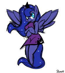 Size: 1339x1500 | Tagged: safe, artist:ramott, princess luna, anthro, g4, arm hooves, clothes, dress, female, sketch, solo