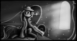 Size: 8640x4652 | Tagged: safe, artist:auroriia, applejack, firefly (insect), insect, g4, absurd resolution, female, floppy ears, grayscale, monochrome, sitting, solo