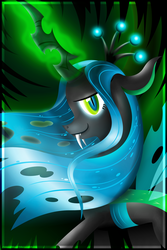 Size: 2000x3000 | Tagged: safe, artist:flamevulture17, queen chrysalis, changeling, changeling queen, g4, fangs, female, floppy ears, high res, magic, solo