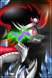 Size: 2000x3000 | Tagged: safe, artist:flamevulture17, king sombra, g4, crystal, curved horn, dark magic, fangs, grin, high res, horn, magic, male, raised hoof, solo, sombra eyes