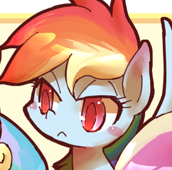 Size: 300x296 | Tagged: safe, artist:kolshica, rainbow dash, g4, blush sticker, blushing, bust, colored pupils, offscreen character, panel, portrait, rainbow dash is not amused, solo focus, unamused
