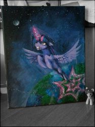 Size: 720x960 | Tagged: safe, artist:grinu, twilight sparkle, alicorn, pony, g4, female, mare, painting, sonic boom, space, traditional art, twilight sparkle (alicorn)