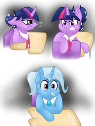 Size: 768x1024 | Tagged: safe, artist:dewdrop-210, trixie, twilight sparkle, pony, unicorn, g4, alternate hairstyle, angry, desk, female, floppy ears, frown, glare, gritted teeth, hair bun, looking back, mare, nervous, ponytail, school, shadow, simple background, snorting, spitball, sweat, twilight sparkle is not amused, unamused, unicorn twilight, white background, wide eyes