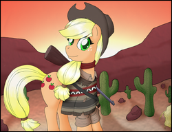 Size: 676x520 | Tagged: safe, applejack, g4, cactus, clothes, desert, female, gun, solo, weapon