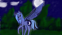 Size: 1920x1080 | Tagged: safe, artist:trapped in a jar, princess luna, alicorn, pony, g4, bedroom eyes, female, glowing, large wings, looking back, missing accessory, moon, night, raised leg, s1 luna, scenery, semi-realistic, solo, tongue out