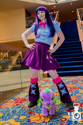 Size: 533x800 | Tagged: safe, artist:tokyogeist, spike, twilight sparkle, dog, human, equestria girls, g4, cosplay, irl, irl human, photo, plushie, solo, spike plushie, spike the dog