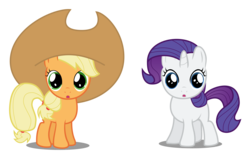 Size: 5000x3181 | Tagged: safe, artist:hakitocz, apple bloom, applejack, rarity, sweetie belle, g4, :o, applejack's hat, cute, duo, filly, hat, looking at you