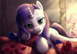 Size: 2631x1860 | Tagged: safe, alternate version, artist:bluespaceling, rarity, pony, unicorn, g4, beautiful, bed, bedroom eyes, detailed, female, lip bite, mare, pillow, rarity's bedroom, realistic, rose, rose petals