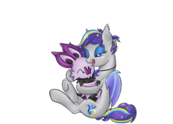 Size: 1400x1010 | Tagged: safe, artist:halcyonnoctem, oc, oc:night lark, noibat, crossover, hug, pokémon, pokémon x and y, simple background, snuggling, transparent background