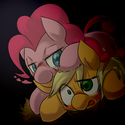 Size: 1200x1200 | Tagged: safe, artist:ushiro no kukan, applejack, pinkie pie, g4, biting, ear bite, female, lesbian, pixiv, ship:applepie, shipping