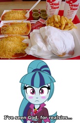 Size: 557x850 | Tagged: safe, artist:kingdark0001, sonata dusk, equestria girls, g4, my little pony equestria girls: rainbow rocks, blushing, chico's tacos, fast food, for realzies, french fries, frown, meme, sonataco, taco, that girl sure loves tacos, that siren sure does love tacos, wide eyes