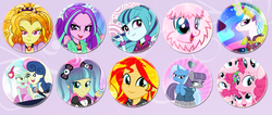 Size: 900x381 | Tagged: safe, artist:pixelkitties, adagio dazzle, aria blaze, bon bon, gummy, lyra heartstrings, maud pie, pinkie pie, pixel pizazz, princess celestia, sonata dusk, sunset shimmer, sweetie drops, trixie, oc, oc:fluffle puff, pony, equestria girls, g4, my little pony equestria girls: rainbow rocks, buttons, female, lesbian, ship:lyrabon, ship:mauxie, shipping, sweet lyres