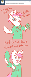 Size: 650x1600 | Tagged: safe, artist:shamrock, nurse redheart, prince blueblood, pony, ask nurse redheart, g4, bipedal, clothes, comic, female, solo, stethoscope