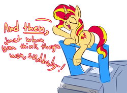 Size: 950x700 | Tagged: safe, artist:heir-of-rick, sunset shimmer, pony, unicorn, g4, butt, car, dialogue, female, plot, pun, solo, spoiler